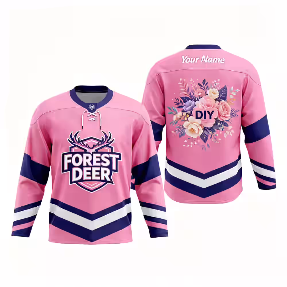 Pink Hockey-Uniform-Custom-Sublimation-Ice-Hockey-Jersey-Socks-Tackle-Twill-Forest-Deer